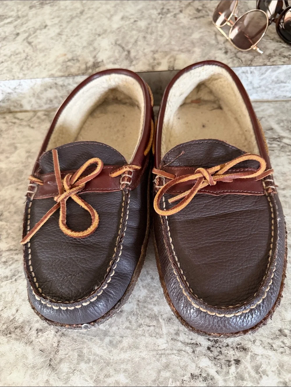 LL Bean Men's Brown Leather Moccasin Slippers with Shearling Lining